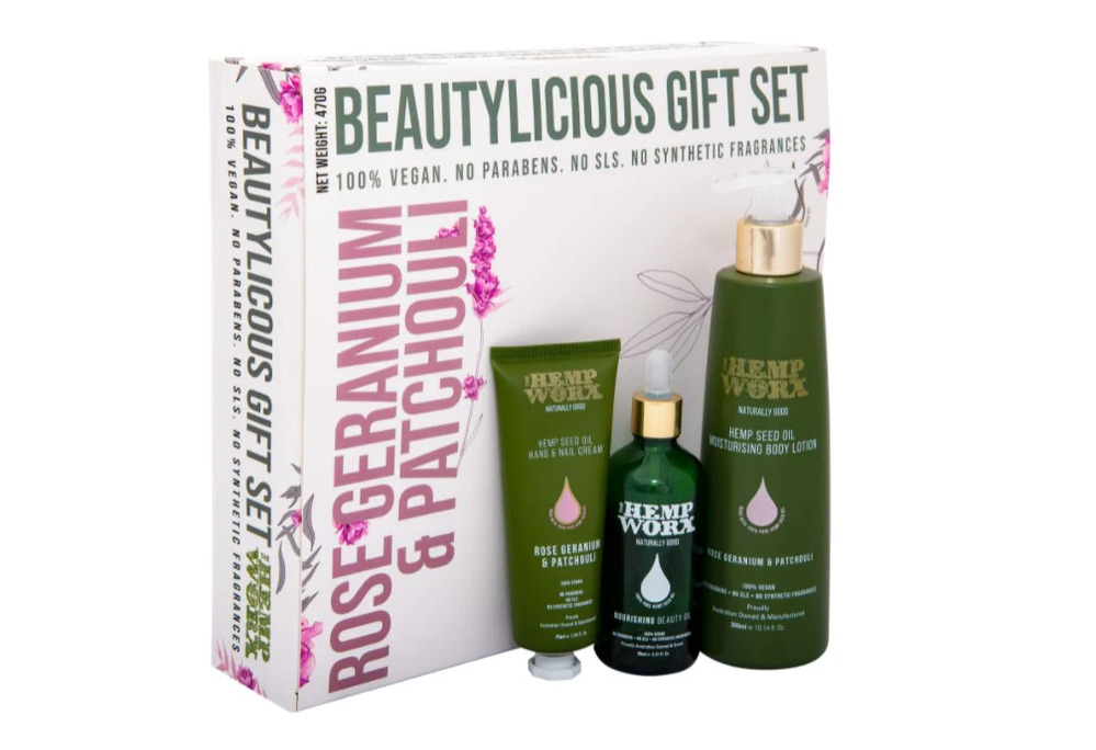 The Hemp Worx Rose Geranium Patchouli Beautylicious Gift Set