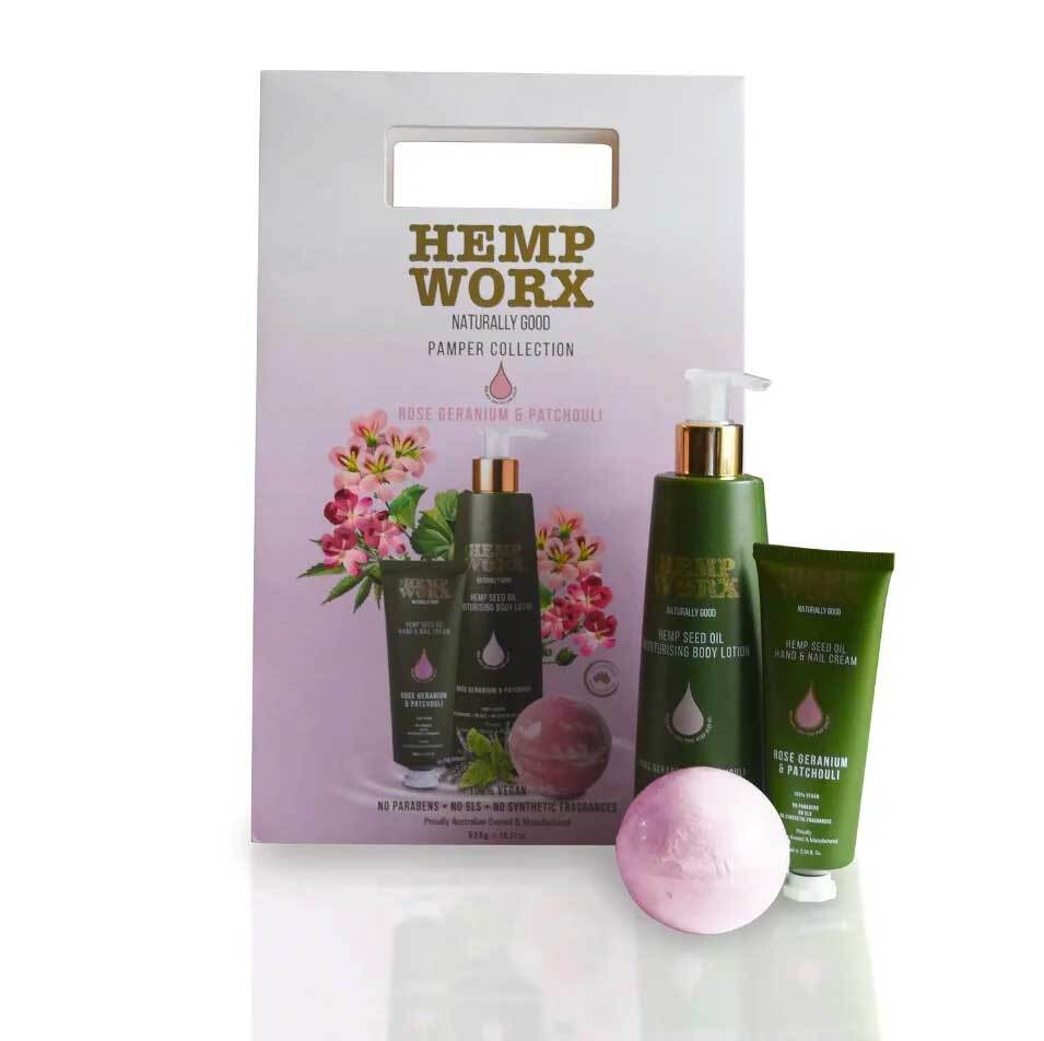 Hemp Worx Pamper Collection Gift Set Rose Geranium Patchouli